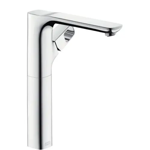 Einhebel-Waschtischmischer aus Chrom von AXOR, konzipiert für Aufsatzwaschtische, mit integrierter Ablaufgarnitur und minimalistischer Formgebung.